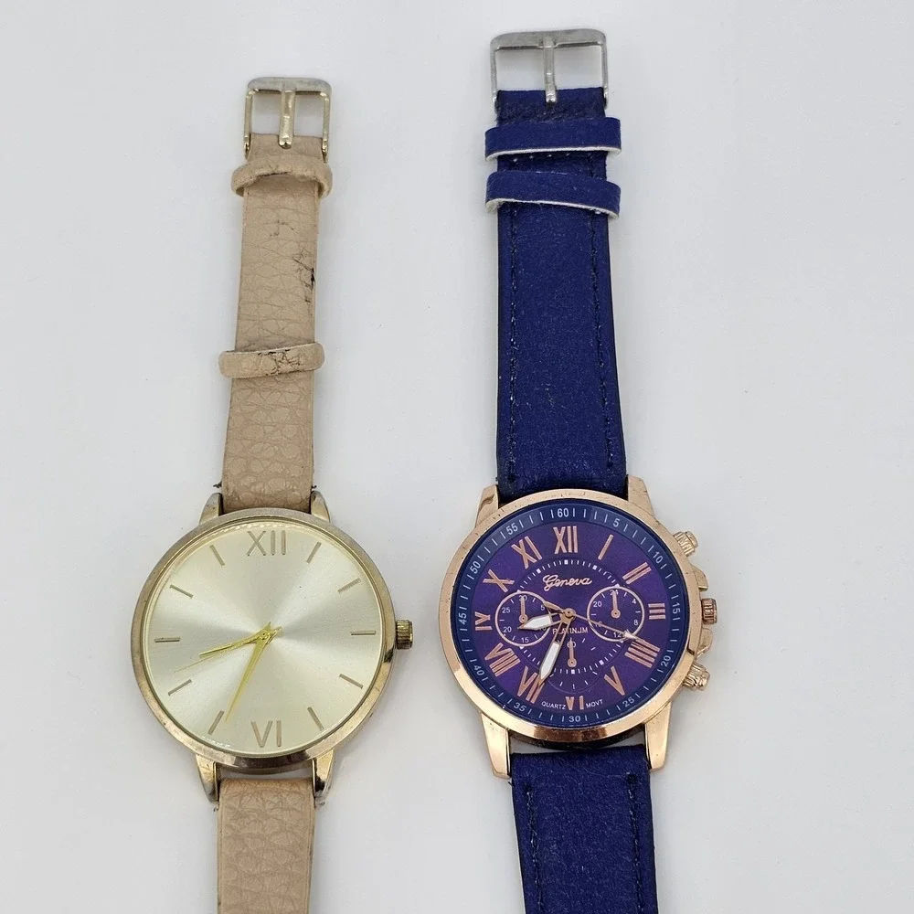 2X 40MM Women's Watch Gold Purple Dial Tan Purple Faux Leather Bands New Battery
